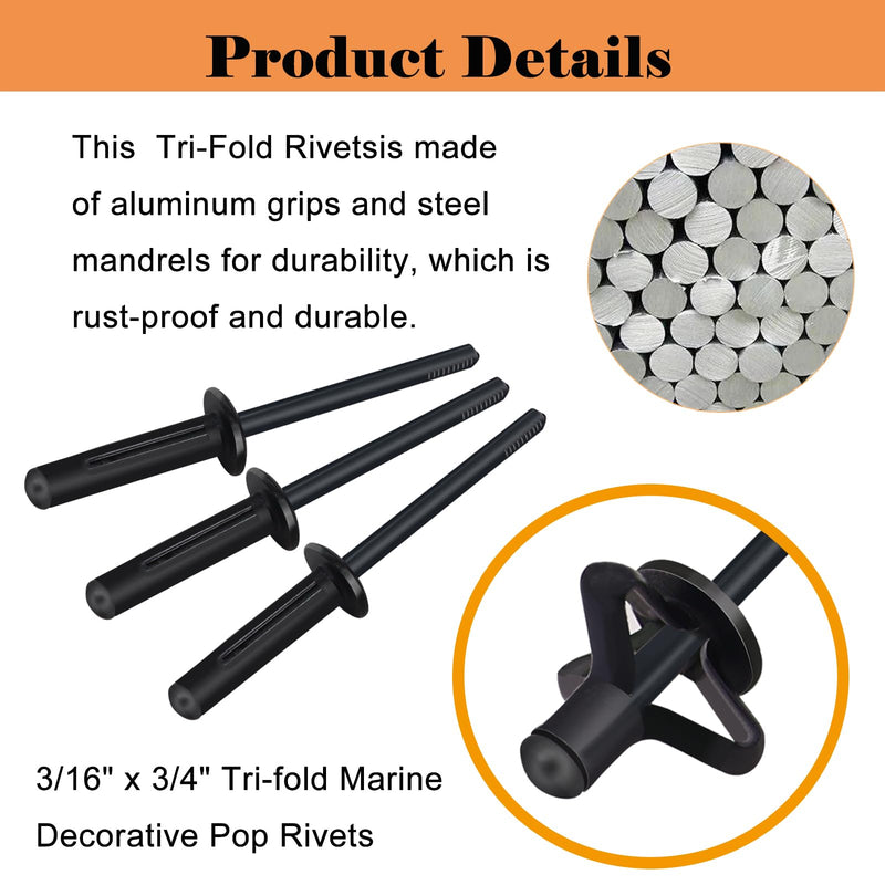 60pcs Tri-Fold Rivets 3/16 inch x 3/4 inch Tri-fold Marine Decorative Pop Rivets, Tri-Grip Rivets for Kayak Marine Boat, Black Tri-fold Exploding Pop Rivets Solid Aluminum Tri Grip Rivets