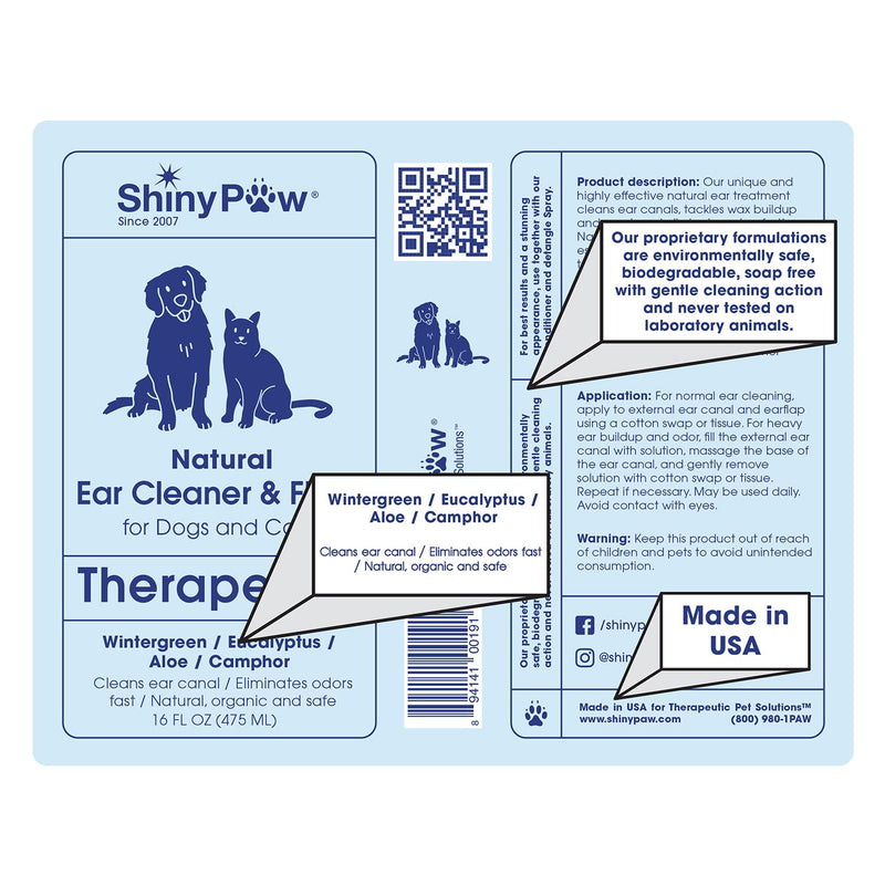 Dog Ear Cleaner Solution for Dogs & Cats 16 oz by Shiny Paw | Wintergreen, Camphor & Aloe – Gentle Ear Flush for Pets Health | Dog Ear Wash | Made in the USA