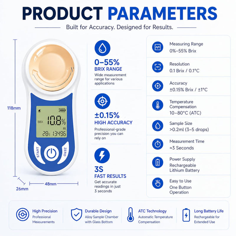 Digital Brix Refractometer 0-55% with ATC, ±0.15% Accuracy, 3-Second Results, Rechargeable Sugar Content Tester for Fruits, Juice, Home Brewing, Wine, Coffee
