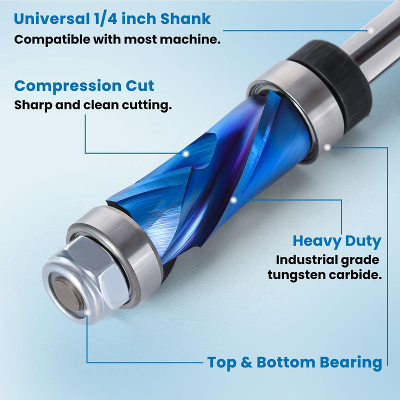 Compression Flush Trim Router Bit with Top & Bottom Bearing, 1/4” Shank, 1/2“ Cutting Dia Pattern Template Flush Cut Solid Carbide Router Bit for Woodworking Trimming Top+Bottom Bearing