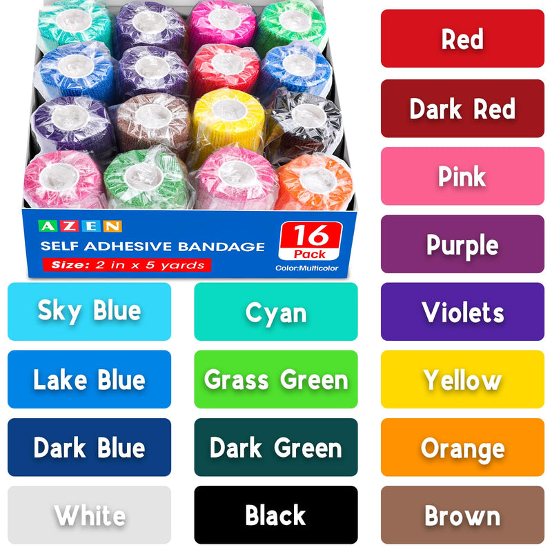 AZEN 16 Pack Self Adhesive Bandage Wrap, 2" X 5 Yards Elastic Cohesive Bandage Wrap, Color Athletic Tape, Vet Wrap, Ankle Tape, Tattoo Grip Tape Wrap B-16color 2IN