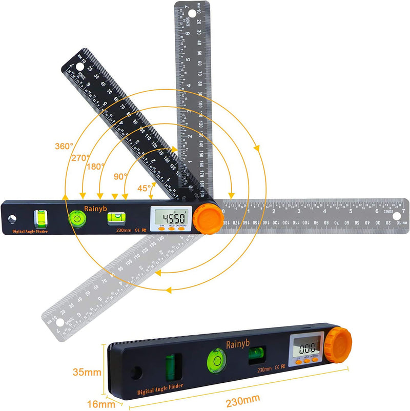 Rainyb Digital Angle Finder Tool 7inch 0-360 degree LED Digital Protractor with Horizontal Vertical Bubble Levels and Ruler Meter Accurate Tools for Carpenters,Woodworkers,Fabricators 7inch Angle Finder X 1