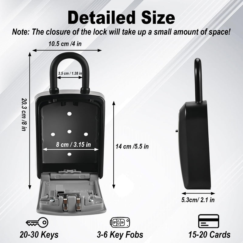 XXL Large Key Lock Box, 5.5”x4.1”x2.1” Waterproof Kirsite Combination Lockbox for Keys Outdoor, Portable Key Lock Box Wall Mount with Code (1 Pack, Black-Gray) 1pcs-XXL