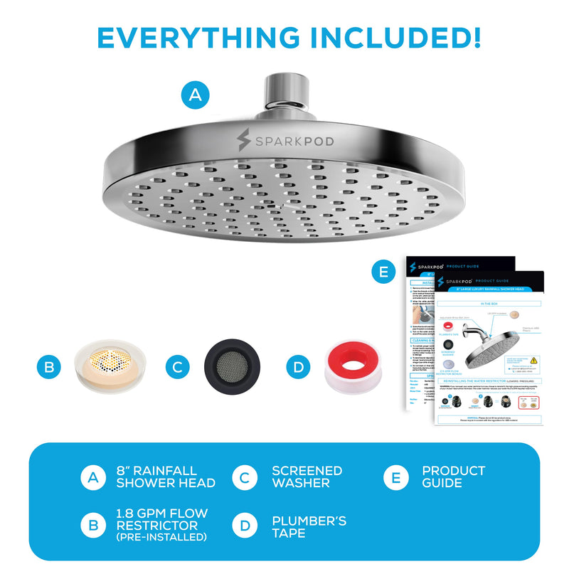 SparkPod Shower Head - High Pressure Rain - Premium Quality Luxury Design - Easy Clean Adjustable Replacement for Your Bathroom Shower Heads (Luxury Polished Chrome, 8 Inch Round) Luxury Polished Chrome