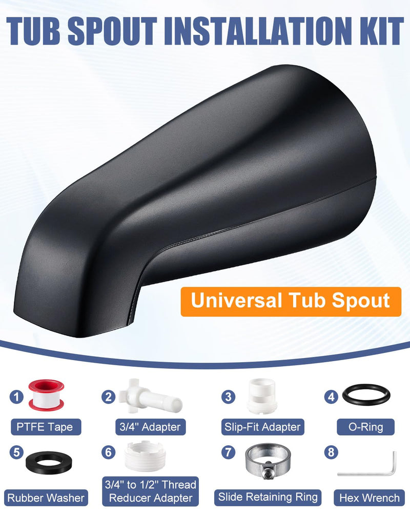 Universal Bathtub Faucet Tub Spout – Fast-Fill, No-Leak, Easy Install Metal Tub Faucet Replacement, Fits 1/2" Slip-Fit Copper Pipe and 1/2" IPS & 3/4" IPS Thread Connections (Matte Black) Matte Black