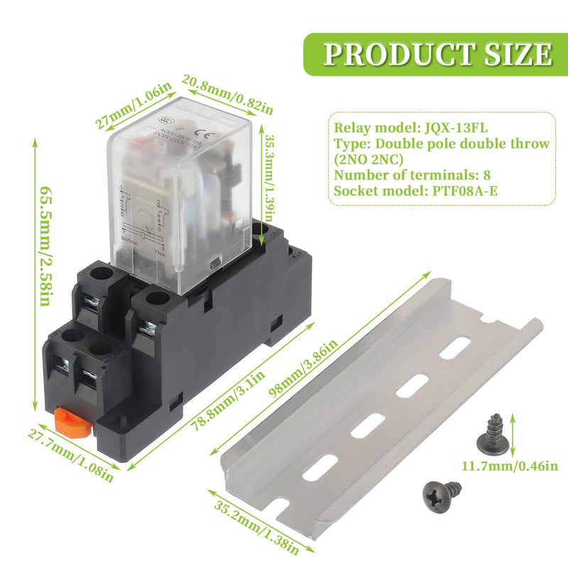 DC 24V JQX-13FL 62PL Coil 8 Pin 10A DPDT LED Indicator Electromagnetic Power Relay with Plug-in Terminal Socket and DIN Slotted Aluminum Rail 8Pin-10A-DC24V