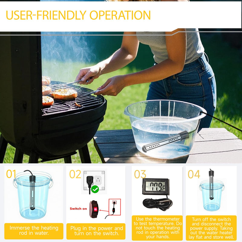 2000W Immersion Water Heater Camping Water Heater with Digital LCD Thermometer 304 Stainless Steel Guard Bucket Auto Power-Off Heater Water for Pool Bathtub Barrel Pot