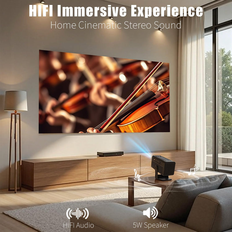 Mini Projector with WiFi and Bluetooth, 1080P Supported Smart Projector with Built in Apps, Outdoor Movie Projector 150" Display, Auto Keystone，Short focal length Projector. N6