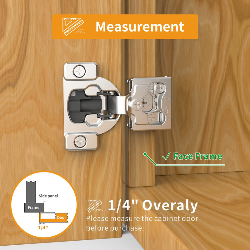 10 Pack 1/4" Small Overlay 4D Concealed Hinges for Face Frame Door, Soft Close On/Off Switch, Self Closing, 105° Open Angle Concealed Stainless Steel Hinges for Framed Cabinet, Satin Nickel 1/4" Overlay 10 Pack
