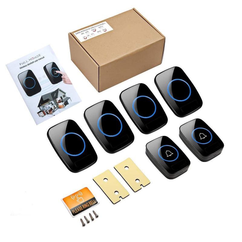 Wireless Doorbell, FullHouse Waterproof Door Bell Kit, Distinguish front and rear doors, Over 1000 feet Range and 60 Chime, 5 Levels Volume and LED Flash, for Home Office Classroom 2 Push Button + 4 Plug-In Receiver Black