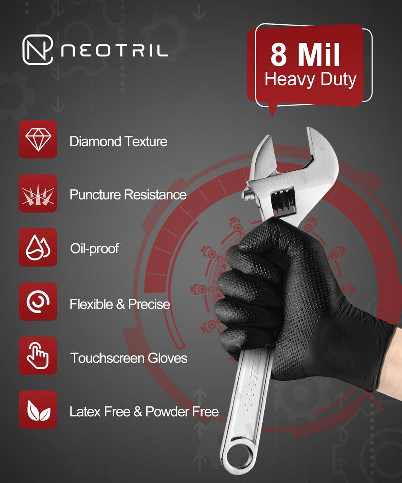8 Mil Heavy Duty Disposable Nitrile Gloves with Diamond Texture Grip Rubber Gloves Latex & Powder Free Large Box of 50 / Black