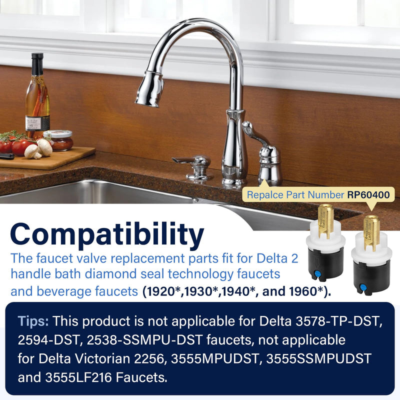 RP60400 Valve Hot and Cold Bathroom Faucet Cartridge Sink Handle Valve Stem Assembly Replacement Parts for Delta 2 Handle Bath Diamond Seal Technology Faucets and Beverage Faucets