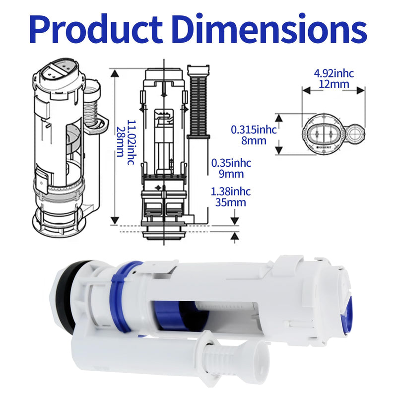Dual Flush Valve & Push Button Replacement Parts and Assembly Fits Geberit & kohler Split Toilet Parts, with Top Push Button,Universal Toilet Tank Spare Kits White,2 Inches (11" Height)