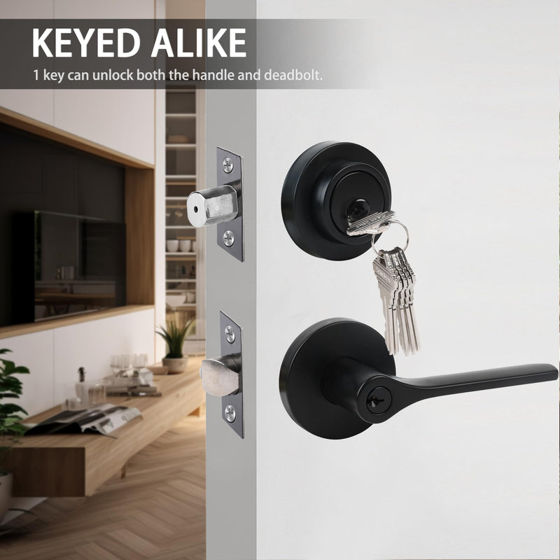 Exterior Door Lock Set,Combo Lock-Heavy Duty Black Door Handle and Single Cylinder Deadbolt Lock,Front Door Lock Set,Keyed Alike Door Locks for Front Door(Matte Black,1Pack Set) 1 Pack Matte Black