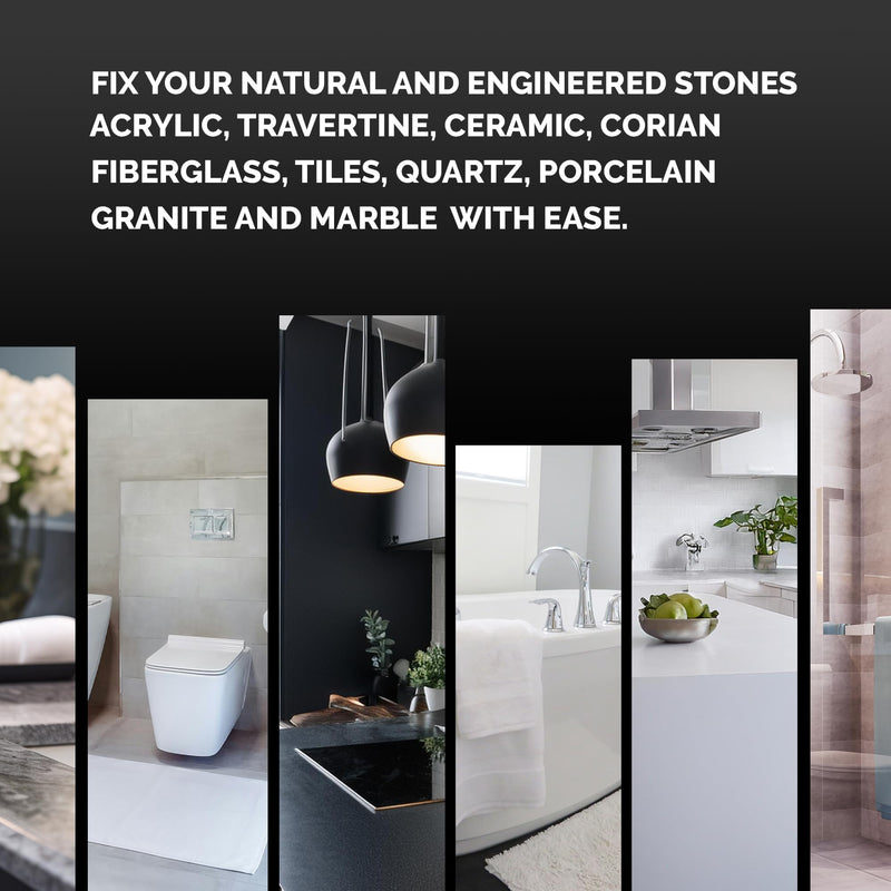 Granite, Marble & Corian Repair Kit (Clear, Black & Acrylic) - Ideal as Quartz Countertop Repair Kit I Works Great for Marble, Porcelain, Ceramic & Granite Surfaces I Also for Bathtub & Tile Repair