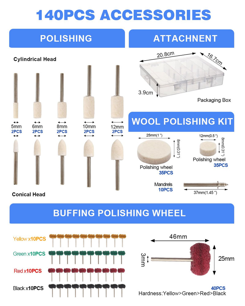 140 PCS Polishing Kit for Dremel, Abrasive Buffing Wheels Polishing Bits for Rotary Tool Accessories with 1/8 Inch Shank, Sanding Kit for Metal, Resin, Wood Watch, Jewelry, Aluminum and Brass with Box - NewNest Australia