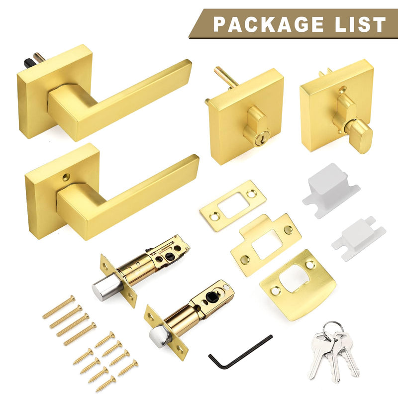 1 Pack Exterior Door Lockset with Deadbolt, Gold Passage Lever and Keyed Alike Single Cylinder Deadbolt, Reversible Square DoorHandleset for Bedroom, Front Door 1