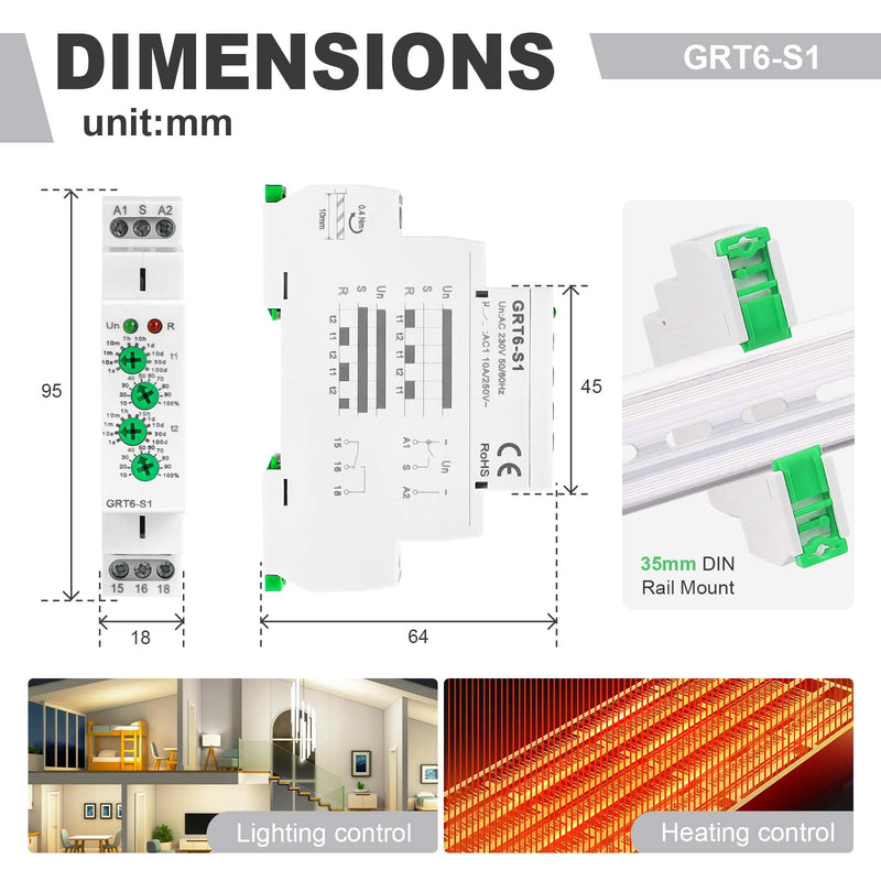 Asymmetric Cycle Timer Relay AC DC 24V-240Volt 10A, SPDT Mini Adjustable Repeat Cycle Time Relay Switch ON Off GRT6-S2, Electronic Timer Relay 10-Position from 1S to 1 Minute to 100 Days in Din Rai GRT6-S2 24-240V AC/DC 10A