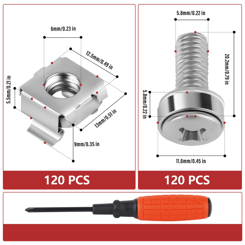 120 Sets M6 x 20mm Rack Screws and Cage Nuts, Server Rack Screws and Square Insert Nuts for Rack Mount with Screwdriver