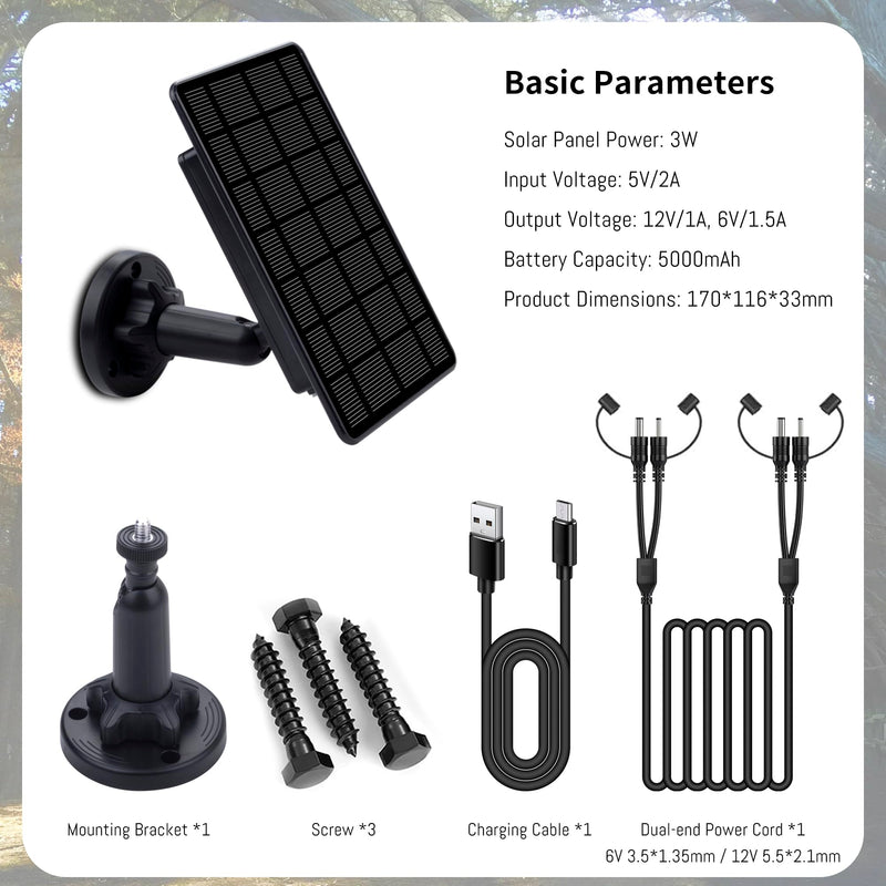 3W Trail Camera Solar Panel, with Build-in 5000mAh Rechargeable Lithium Battery Solar Battery Charger Kit for Hunting Game Cameras or Deer Feeder Accessory, 12V/1A 6V/2A IP65 Waterproof Solar Panel