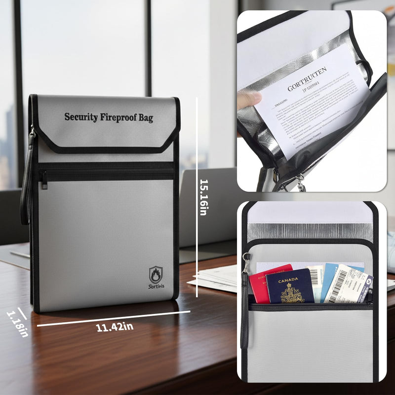 Expandable Fireproof Document Bag with Front Pocket, 6400°F Fire Proof & Waterproof Business File Organizer for Important Documents Safe, Vertical Storage Pouch for Home Office (Case Only) Grey