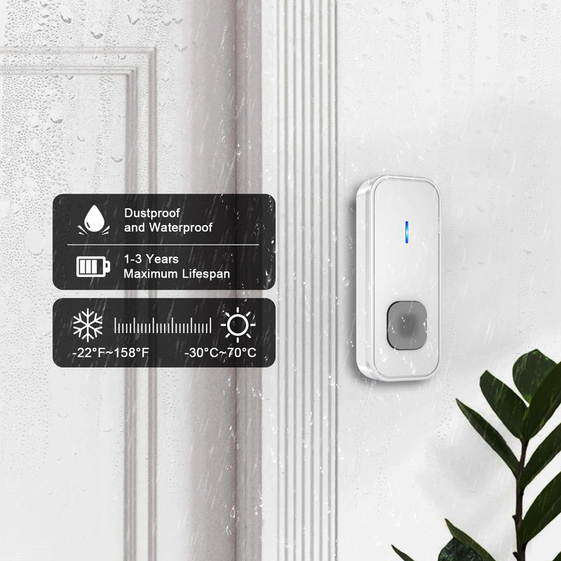 SURFOU Wireless Doorbell 1300FT Range for Home/House/Office/Business/Classroom, 55 Melodies Waterproof Door Chime Kit with 5 Volume Levels & LED Flash, 2 Push Buttons & 3 Plug-in Receivers, White 2 Buttons+3 Receivers-White