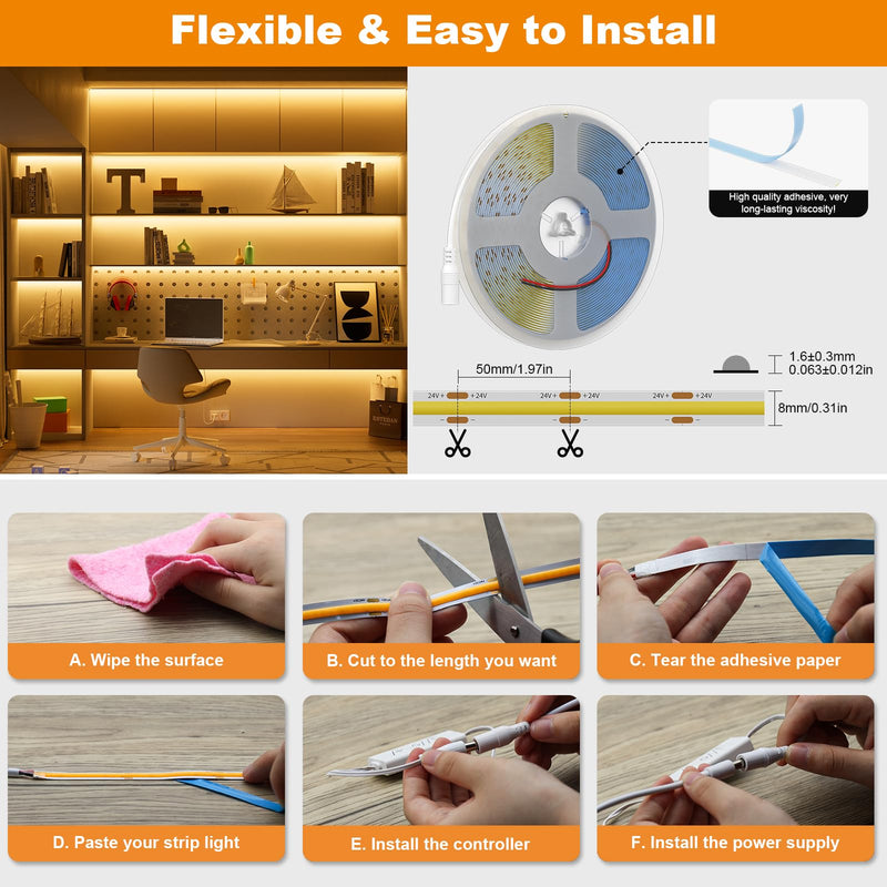 PAUTIX COB LED Strip Light 16.4ft/5m 2400LEDs Warm White 2700K,CRI93+ Super Bright High Lumen,Dimmable 24V Flexible LED Tape Light with RF Remote,24V 48W Power Supply,for Home&Office DIY Lighting 2700K-16.4ft/5m