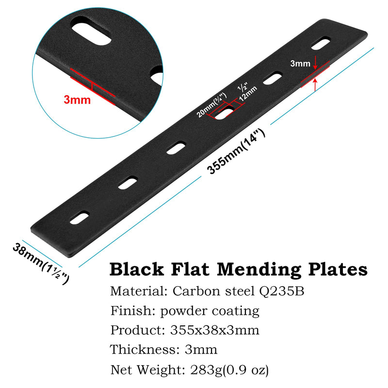 6 Pcs Black Flat Mending Plates, 14" x 1-1/2", Slotted Straight Bracket Connector, 11Gauge