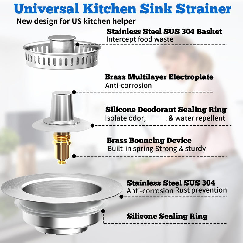 Upgraded 3 in 1 Kitchen Sink Drain Strainer Stopper, Brushed Stainless Steel SUS 304 Pop Up Sink Drain Stopper for Standard 3-1/2 Inch Drain Anti-Clogging Odor Prevention SUS304 Drain+SUS304 Strainer-1Pack