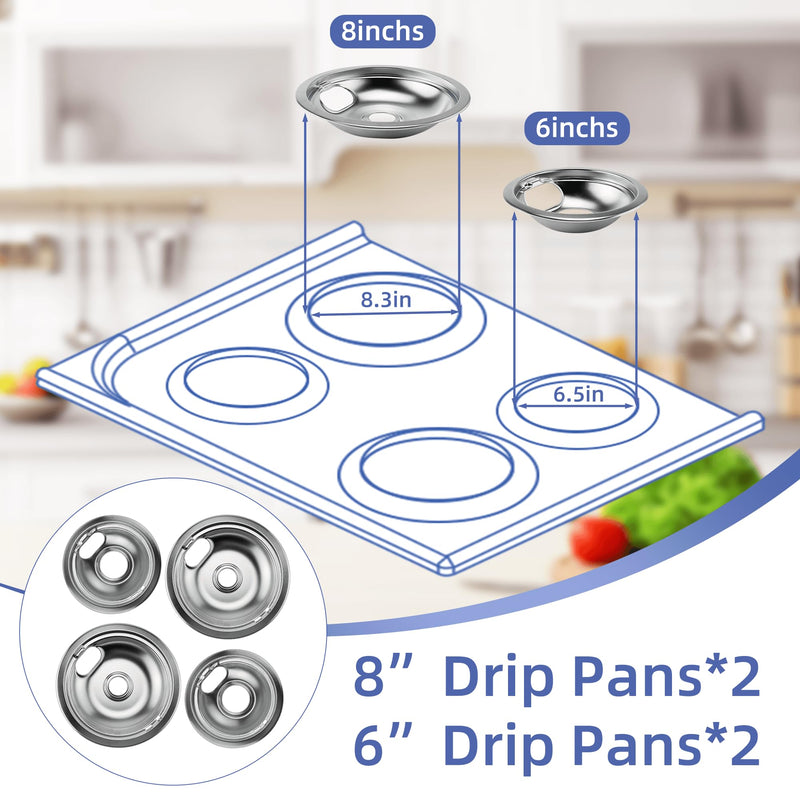 W10196406 and W10196405 Chrome Stove Burner Drip Pan Set for Whirlpool Amana Maytag Magic-Chef Kenmore Electric Range with Locking Slot, Includes 2 6-Inch and 2 8-Inch Drip Bowls