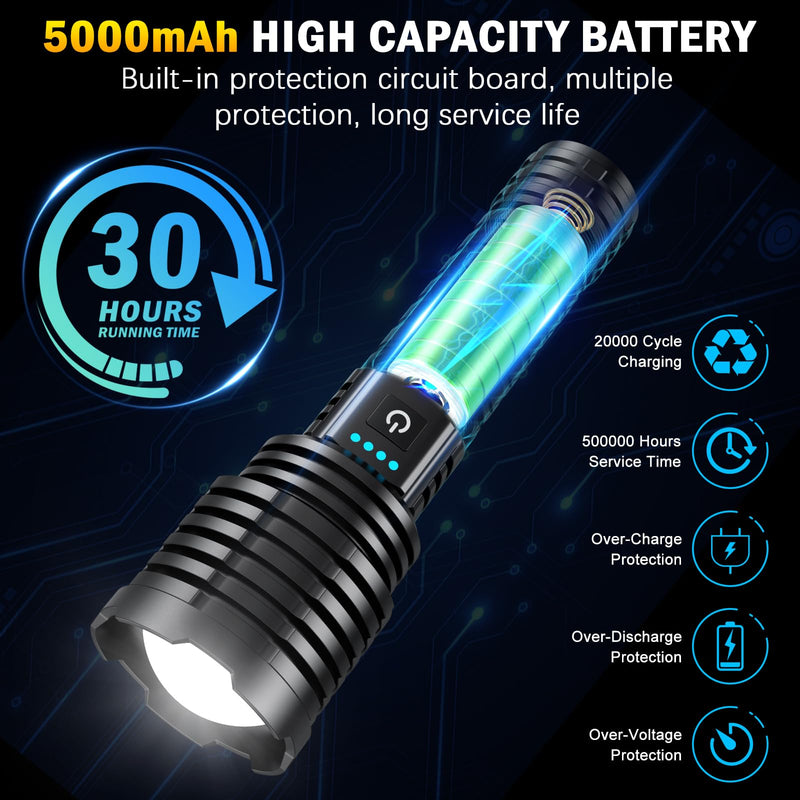 Rechargeable Flashlights 5000.000 High Lumens,Super Bright LED Flashlight for Home Emergency, Waterproof Handheld Flashlights with Pouch, 5000mAh Battery, Spotlight and Floodlight Function