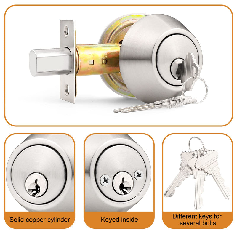 Probrico 2 Pack Satin Brushed Nickel Double Cylinder Deadbolt Lock, Round Keyed Both Side Door Lock,Keyed Alike