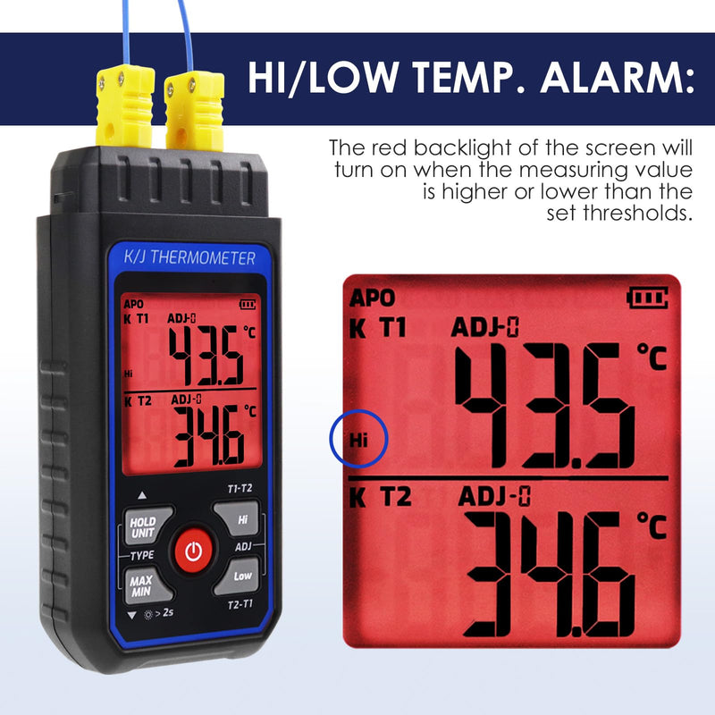 Thermocouple Thermometer Digital Dual Channels K/J Type Thermometer with 4 K-Type Thermocouples, -328~2501℉ Measuring Range Temperature Meter HVAC Thermometer with Alarm & ADJ Compensation Digital 2 Channels Thermometer