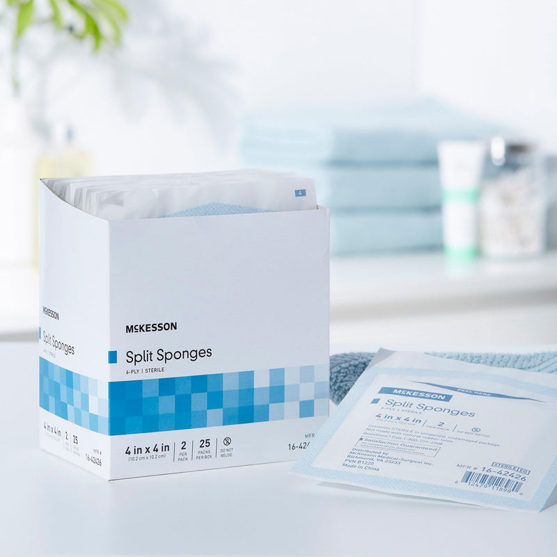 McKesson Split Sponges, 6-Ply Sterile, I.V. and Tracheostomy Dressings, Polyester/Rayon Blend, 4 in x 4 in, 2 Boxes, 25 Packs per Box, 2 per Pack, 100 Total