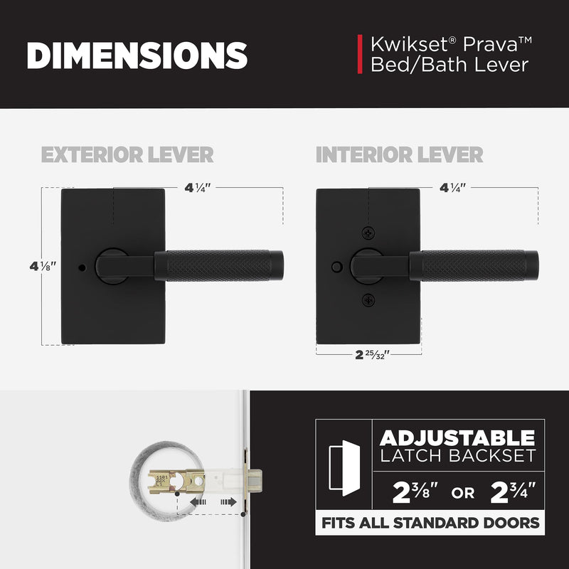Kwikset Prava Interior Privacy Door Knurled Handle with Lock, Door Lever for Bathroom and Bedroom, Matte Black, Reversible Keyless Push Button Lock Door Lever, with Microban Protection