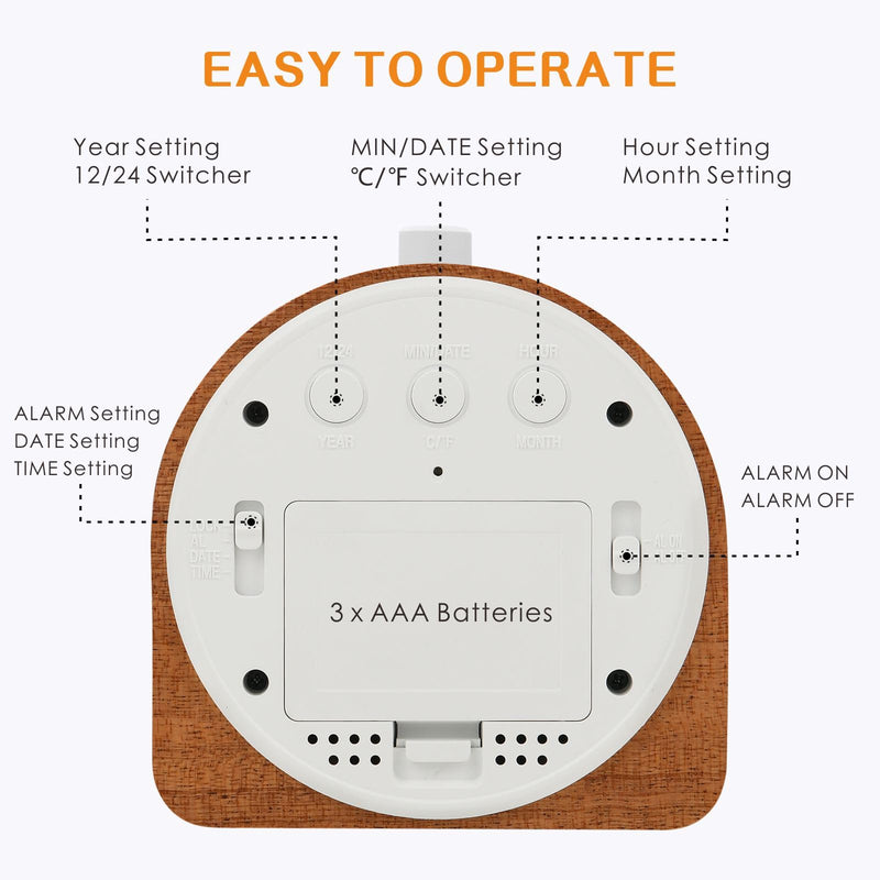 Plumeet Wooden Digital Alarm Clock for Bedrooms, Wood 4'' Battery Powered Alarm Clock with Snooze and Nightlight, Electronic LCD Desk Clock Display Time, Date, Temp, 12/24H, Wood Décor, Round, Sapele Semicircle 4.2''