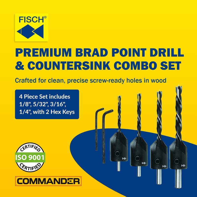 Fisch Brad Point Drill & Countersink Combo Set, 4-Piece (1/8"–1/4") Woodworking Kit with 90° HSS Countersinks, Precision Centre-Point Accuracy, Includes 2 Hex Keys, Made in Austria