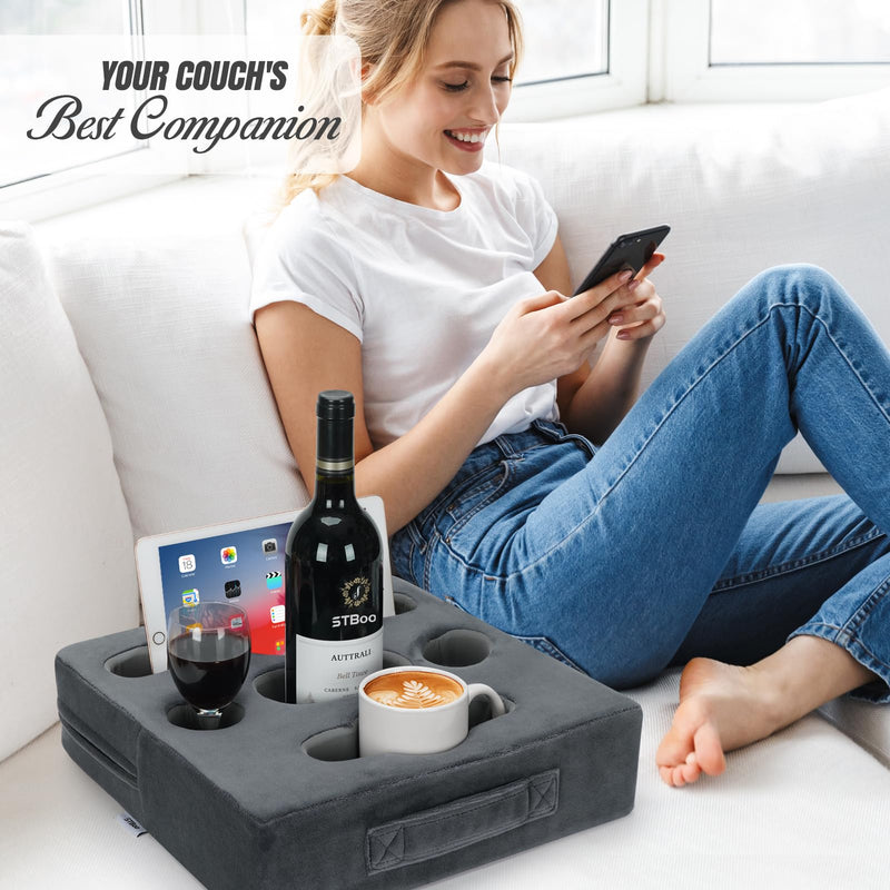 STBoo Couch Cup Holder Pillow - Sofa Drink Cup Holder Cozy Buddy | Bed Caddy Organizer Holds Remote, Snacks, Phones, Tablet | Waterproof Anti-Spill Sofa Beverage Tray for Car, Beach, RV, Boat (Grey) Grey-XL XL-13.5x13.5x3.75inch