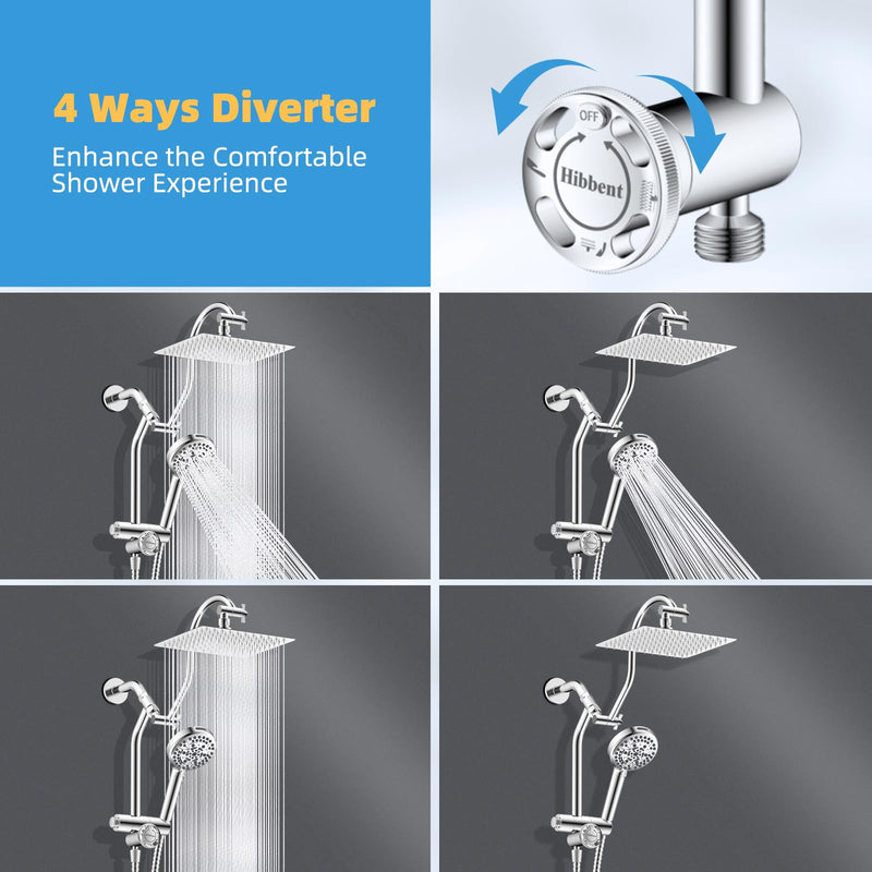 Hibbent All Metal Shower Diverter with Showerhead Holder, Easy Reach 4 Way Diverter with Pause Mode, 13.5" Stainless Steel Slide Bar, 4-Setting Replacement for Handheld & Fixed Shower, Chrome