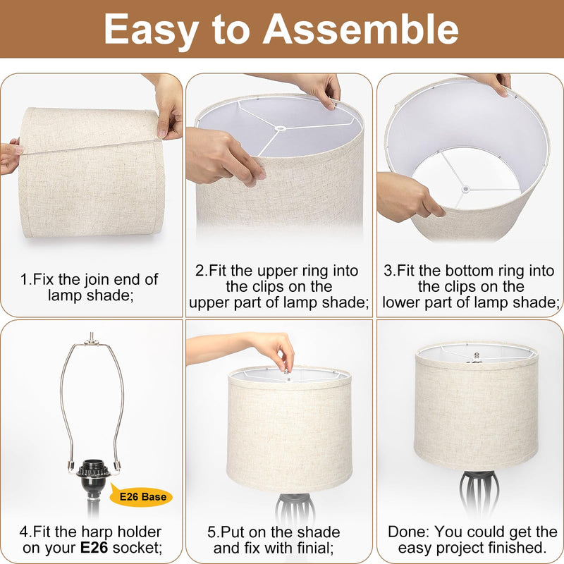 Lampshades Set of 2, Drum Lampshades 11.6" Top x 12.6" Bottom x 9.8" High, Seaside village Medium Lampshades (Spider Fitter), Beige Lampshades Natural Linen Hand Crafted, Easy Assembly Required