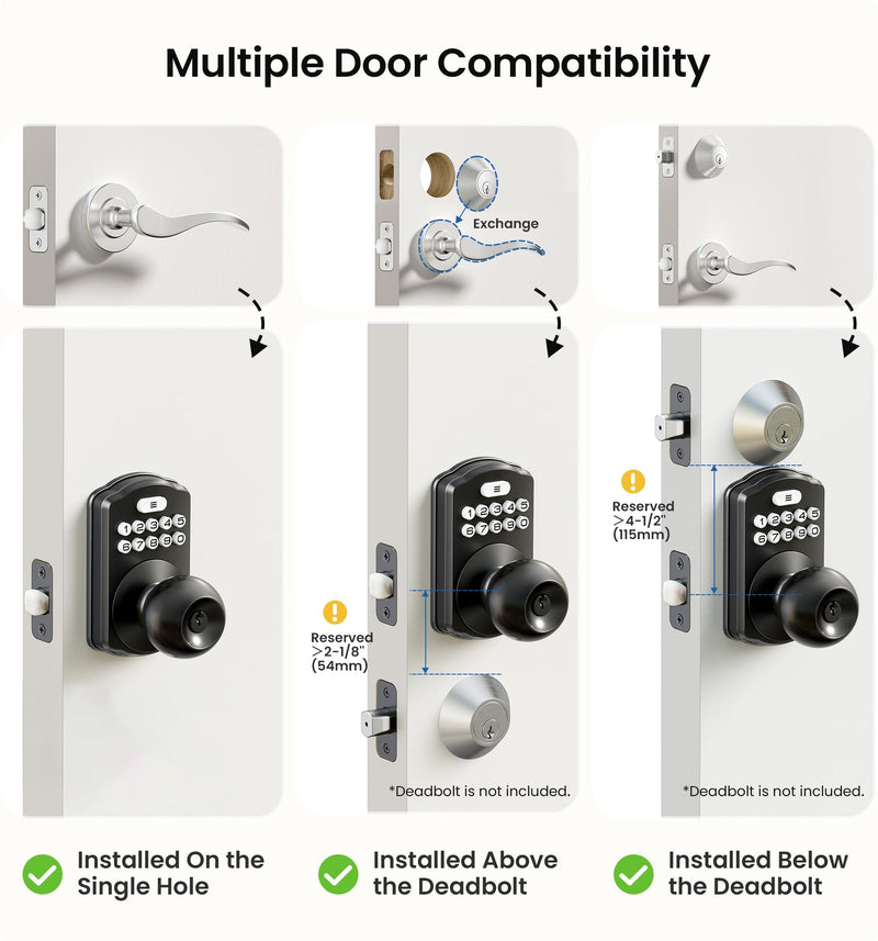 Veise Keypad Door Knob Lock, Keyless Entry Digital Lock with Handle, Electronic Knob for Front Door & Bedroom, Easy Installation, Auto-Locking, Passage Mode, Matte Black