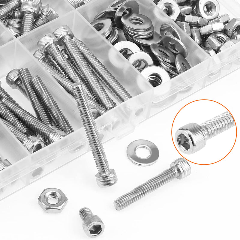 200 Pieces #8-32 x 1/4" 5/16" 3/8" 1/2" 5/8" 3/4" 1" 1-1/4", Hex Socket Head Cap Screws Bolts Washers Nuts Kit, Coarse Thread, Fully Machine Threaded, 304 Stainless Steel