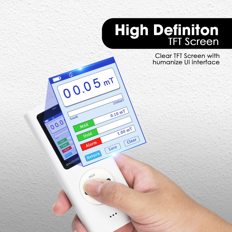 Gauss Meter Rechargeable Tesla Meter 25000Gs/2500 mT Range N/S Pole Detection, Portable Magnetometer Magnetic Field Strength Tester with Data Logging & Alarm ±5% Accuracy for Factory QC and Workshops