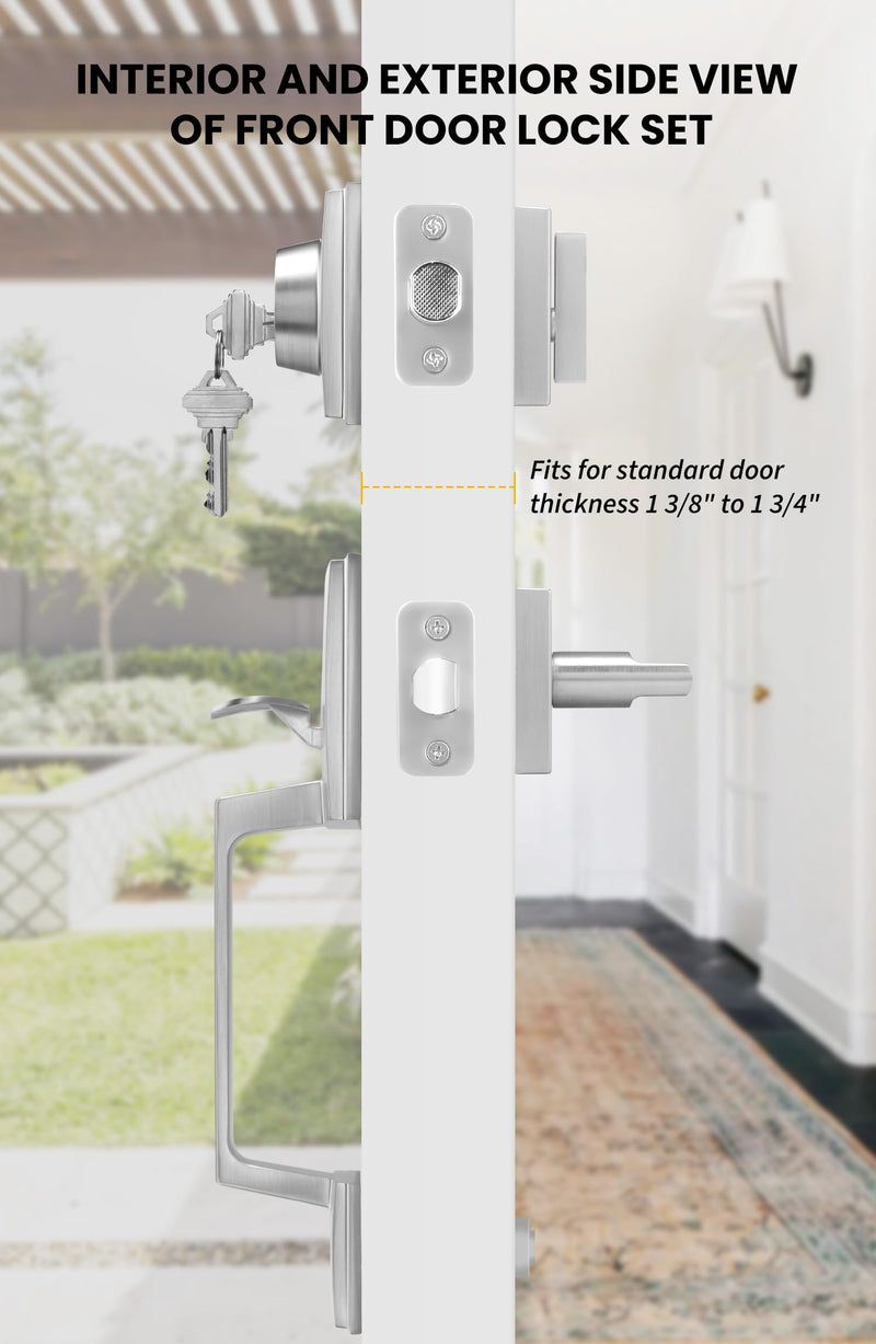 Goldenwarm Front Door Handle and Deadbolt Set, Brushed Nickel Front Door Lock Set with Reversible Handle Lever, Single Cylinder Front Door Handles and Locks Square with Deadbolt
