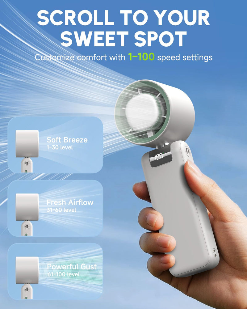GVY Mini Portable Fan,1-100 Speed Settings, [Up to 24H Cooling] 4000mAH Rechargeable Battery| Personal Handheld Fan for Travel, Beach, Camping| Gifts for Women/Girls (White) White