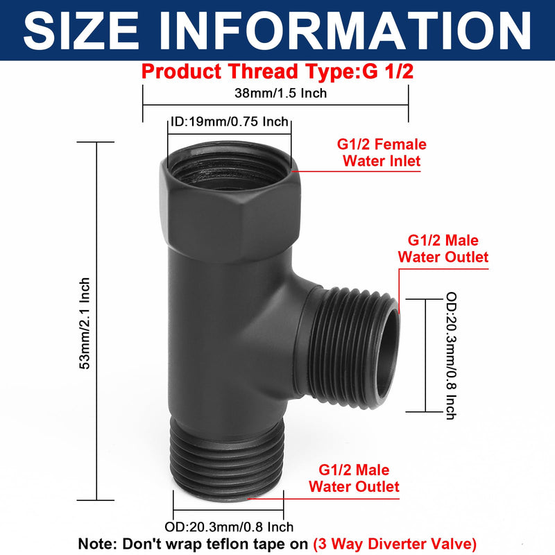 NearMoon Solid Brass G1/2" 3 Way Diverter Valve - Hose Fitting Tee, T Shape Adapter Connector for Angle Valve Hose, Bath Shower Arm, and Toilet Bidet Sprayer Faucet (Matte Black) Matte Black