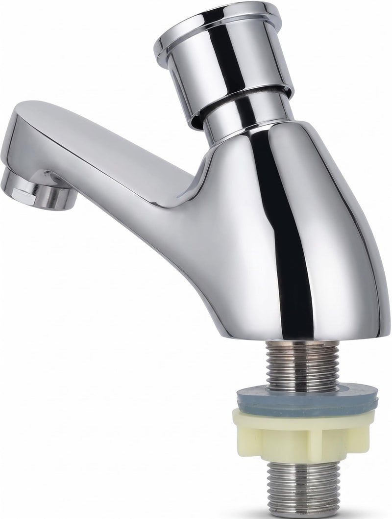Time Delay Faucet G1/2 Thread, Self Closing Water Saving Tap Copper Chrome Plated, Single Cold Metering Valve for Public Outdoor and Laundry Utility