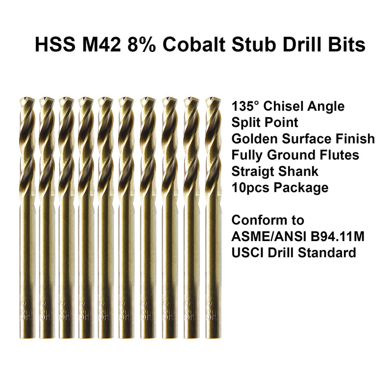 MAXTOOL 9/32" 10PCs Identical Cobalt Screw Machine Drill Bits HSS M42 Stub Drill Bits Short Drills Fully Ground Golden Straight Shank; SMF42G10R18E10