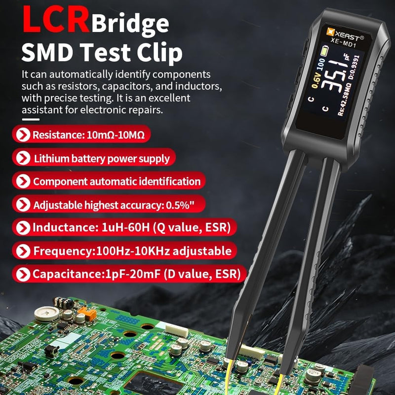 10KHz LCR Meter Tweezer Digital Smart SMD Tester Mini ESR Meter, Capacitance Inductance Continuity Resistor Voltage Diode Tester 9999 Count Electronic Component Analyze Portable Tools