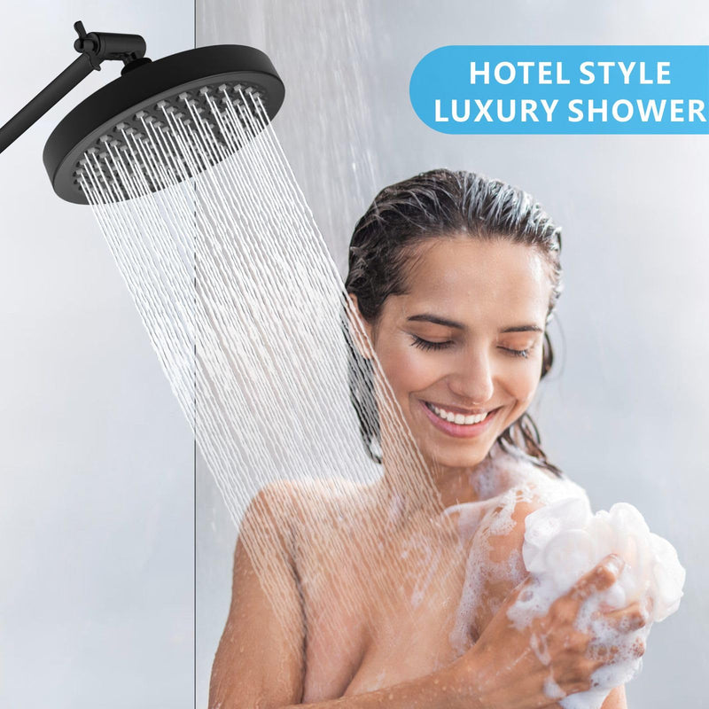 High Pressure Rain Shower Head with 11'' Extension Arm - High Flow Rainfall Showerhead - Luxury Modern Look - Pressure Boosting (Round, Matte Black) 6" Round
